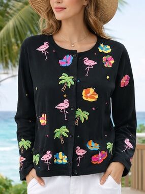 Michael Simon Lite Flamingo Cardigan Tropical Embroidered Cotton Novelty XL